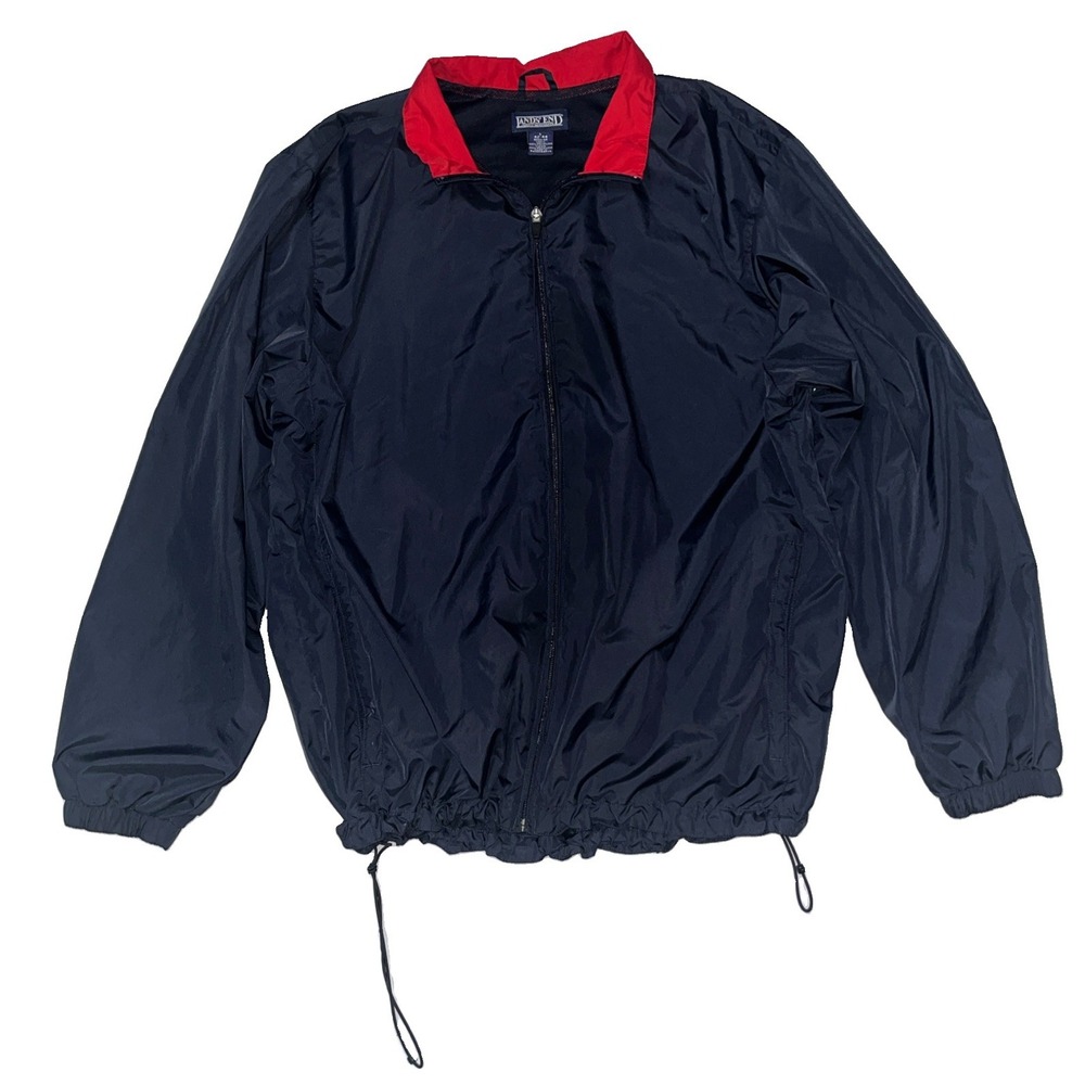 Vtg LANDS END Navy Men's Sz L 42-44 Full Zip Windbreaker Jacket Drawstring Waist